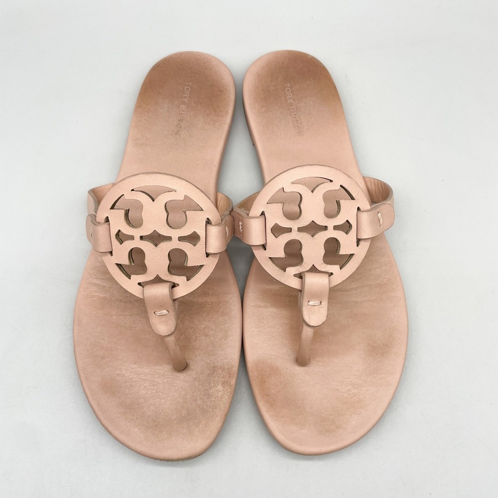 Tory Burch Womens 9 Miller Thong Sandals Blush Pink Leather Flats Logo Preppy